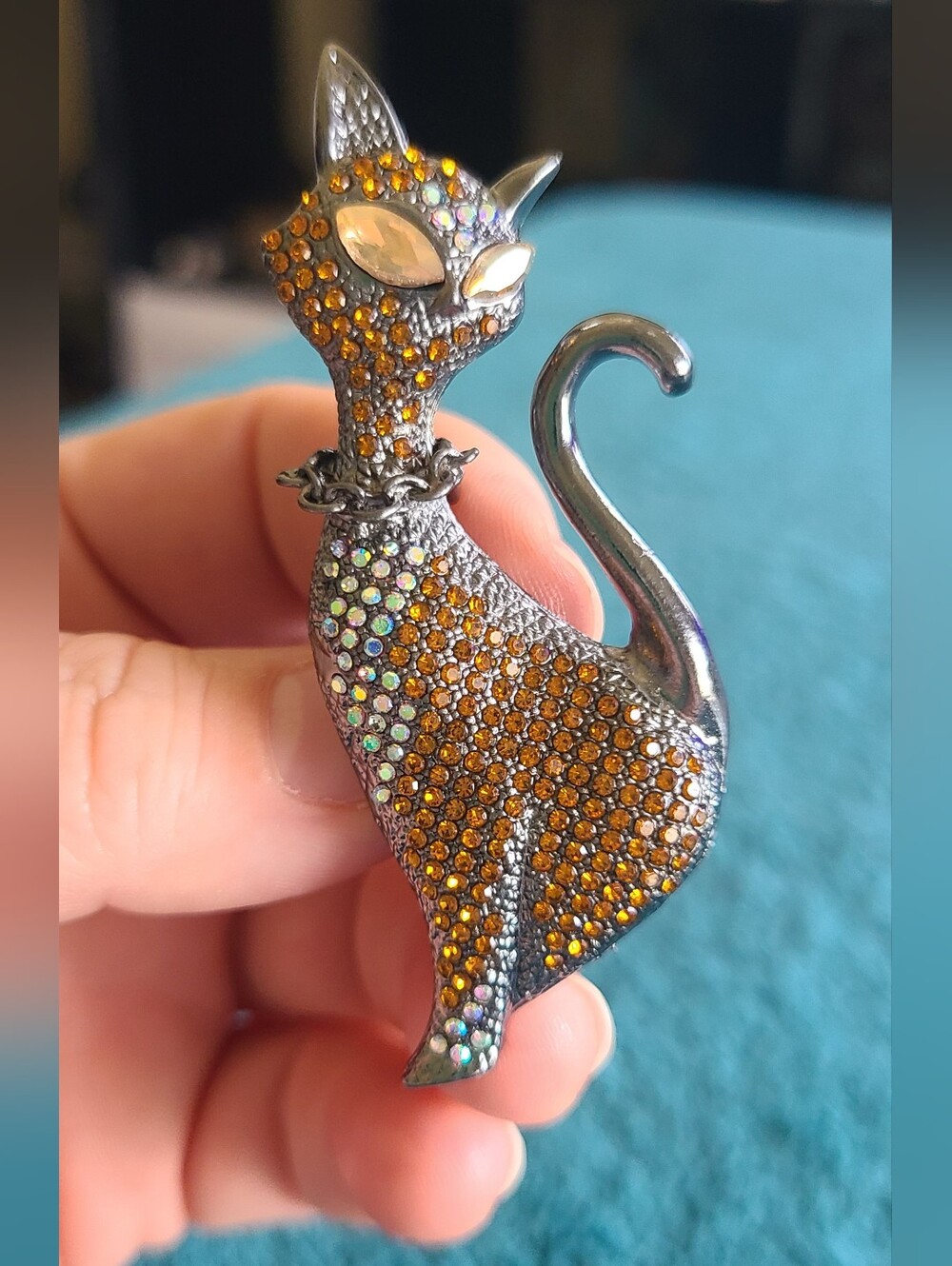 Crystal Cat Brooch Pin With Amber and Iridescent Stones